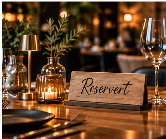 Reservert-skilt i tre på restaurantbord