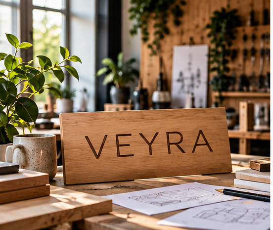 Veyra verksted med treskilt, skisser og designarbeid