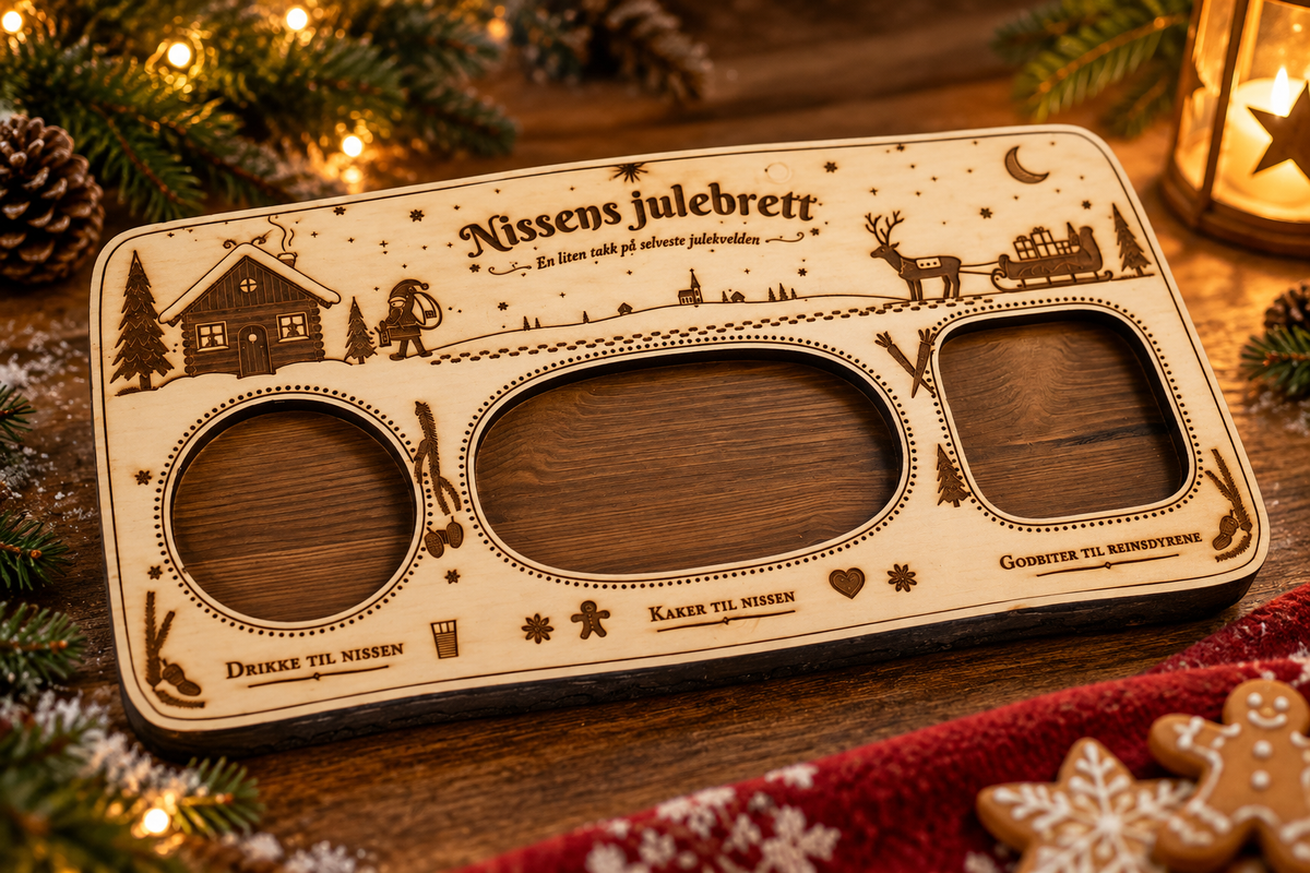 Nissens julebrett i tre – til melk, kaker og gulrøtter – Veyra