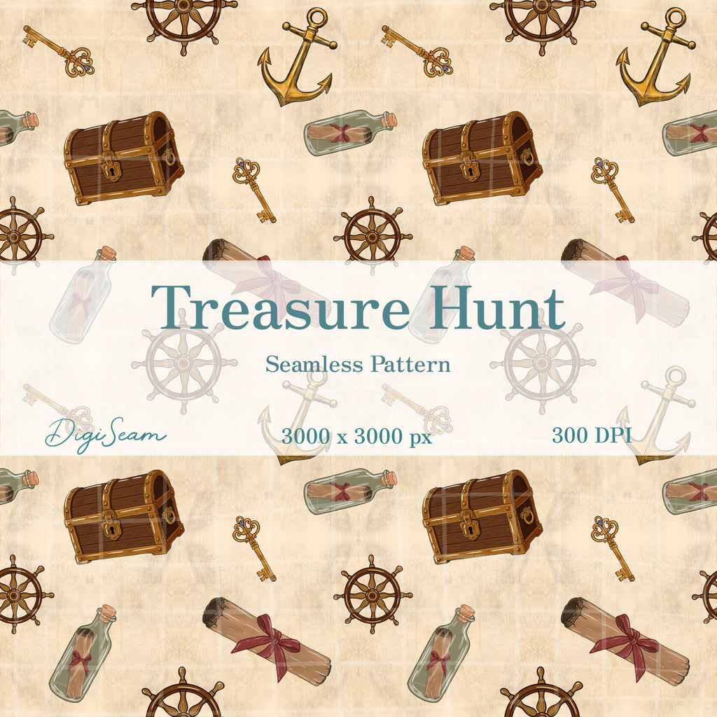 Treasure Hunt Seamless Pattern, Pirate Digital Design, Nautical Kids Fabric, Hand Drawn