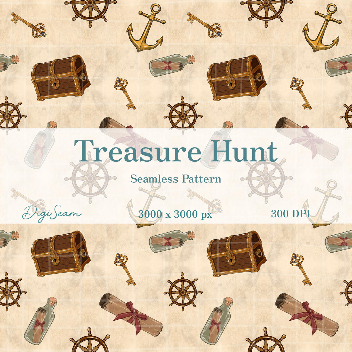 Treasure Hunt Seamless Pattern, Pirate Digital Design, Nautical Kids Fabric, Hand Drawn