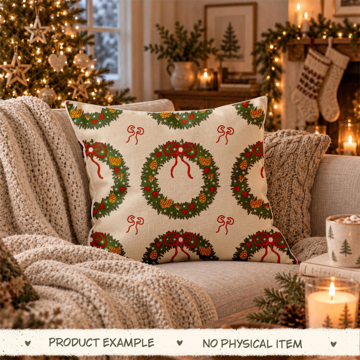 Merry Little Wreaths Seamless Pattern, Hand-Drawn Christmas Digital Design