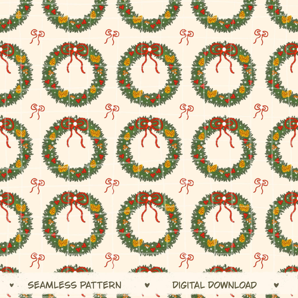 Merry Little Wreaths Seamless Pattern, Hand-Drawn Christmas Digital Design