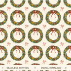 Merry Little Wreaths Seamless Pattern, Hand-Drawn Christmas Digital Design