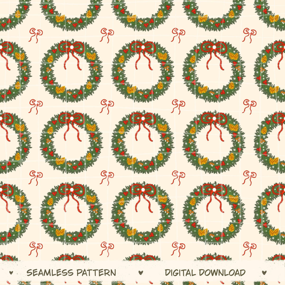 Merry Little Wreaths Seamless Pattern, Hand-Drawn Christmas Digital Design