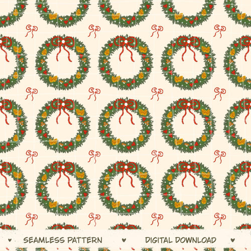 Merry Little Wreaths Seamless Pattern, Hand-Drawn Christmas Digital Design