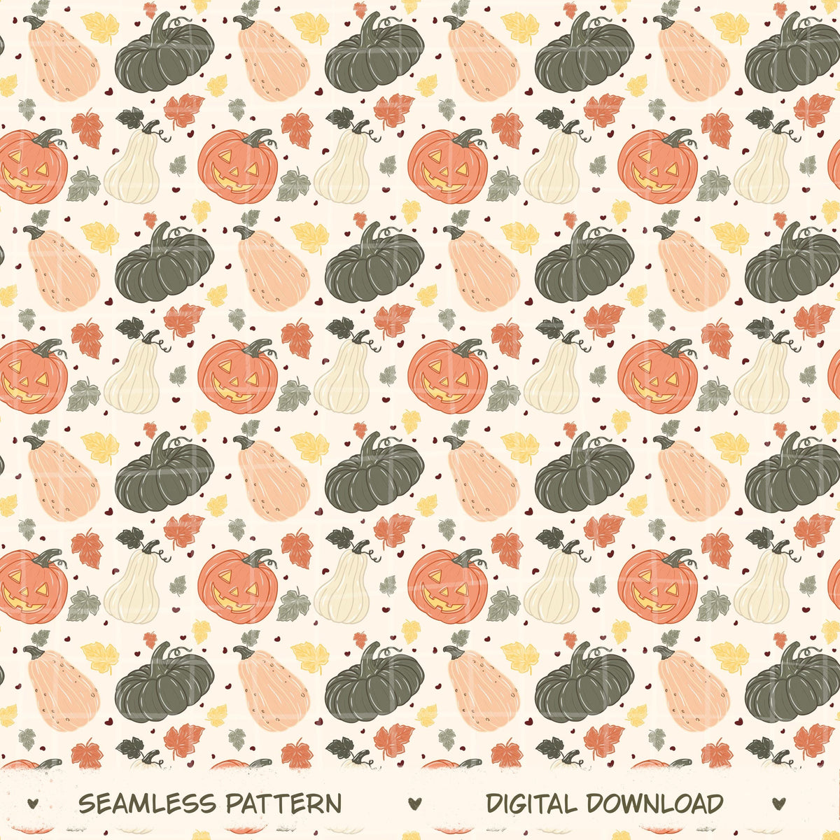 Spooky Pumpkin Patch Seamless Pattern, Hand-Drawn Halloween Digital Design