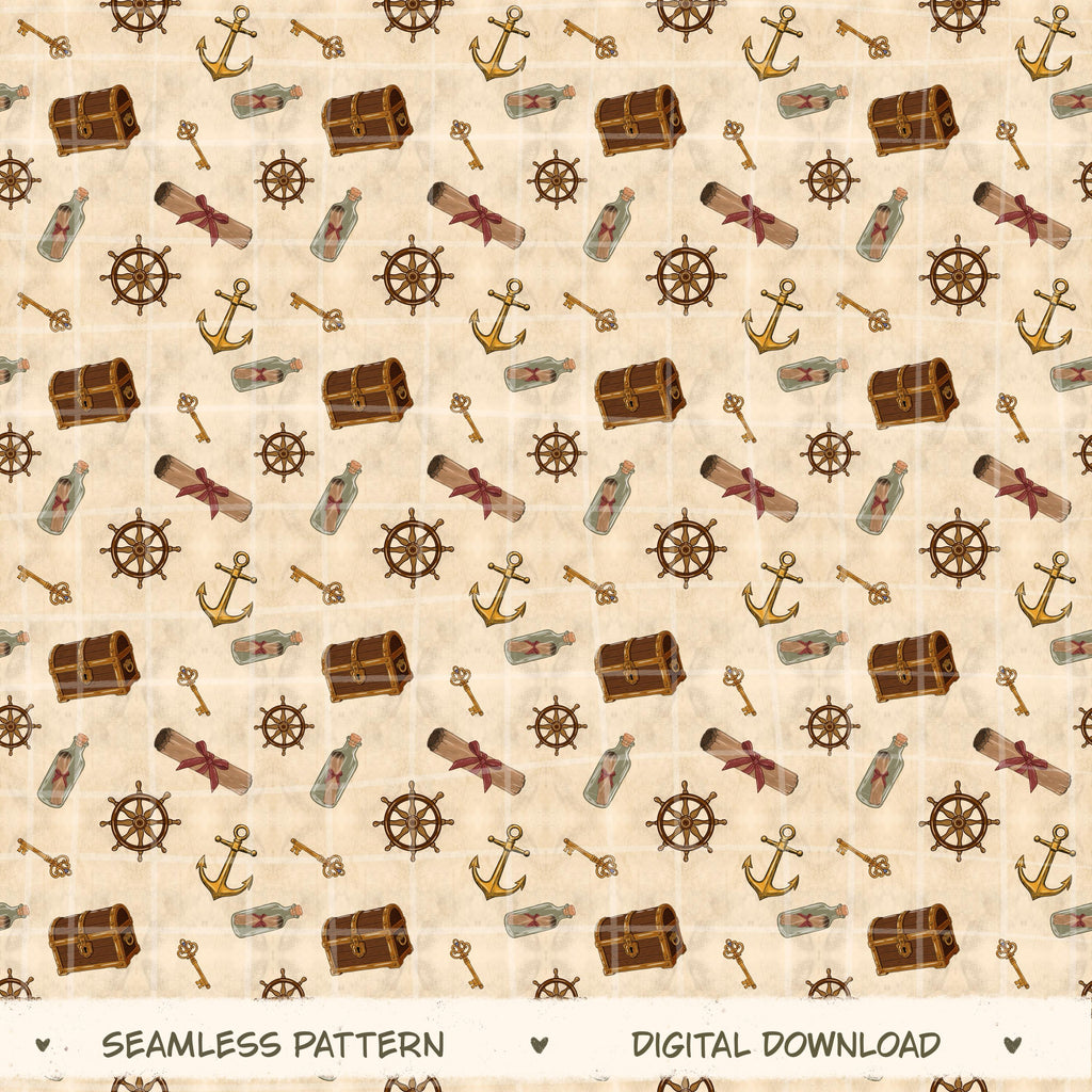 Treasure Hunt Seamless Pattern, Pirate Digital Design, Nautical Kids Fabric, Hand Drawn