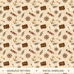 Treasure Hunt Seamless Pattern, Pirate Digital Design, Nautical Kids Fabric, Hand Drawn