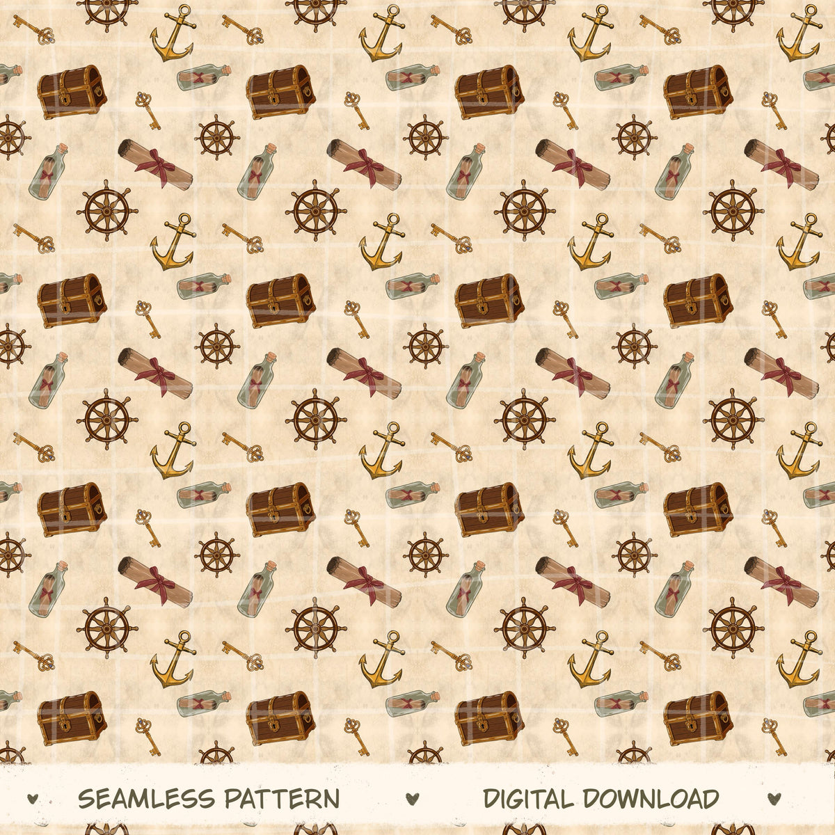 Treasure Hunt Seamless Pattern, Pirate Digital Design, Nautical Kids Fabric, Hand Drawn