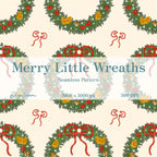Merry Little Wreaths Seamless Pattern, Hand-Drawn Christmas Digital Design