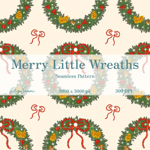 Merry Little Wreaths Seamless Pattern, Hand-Drawn Christmas Digital Design