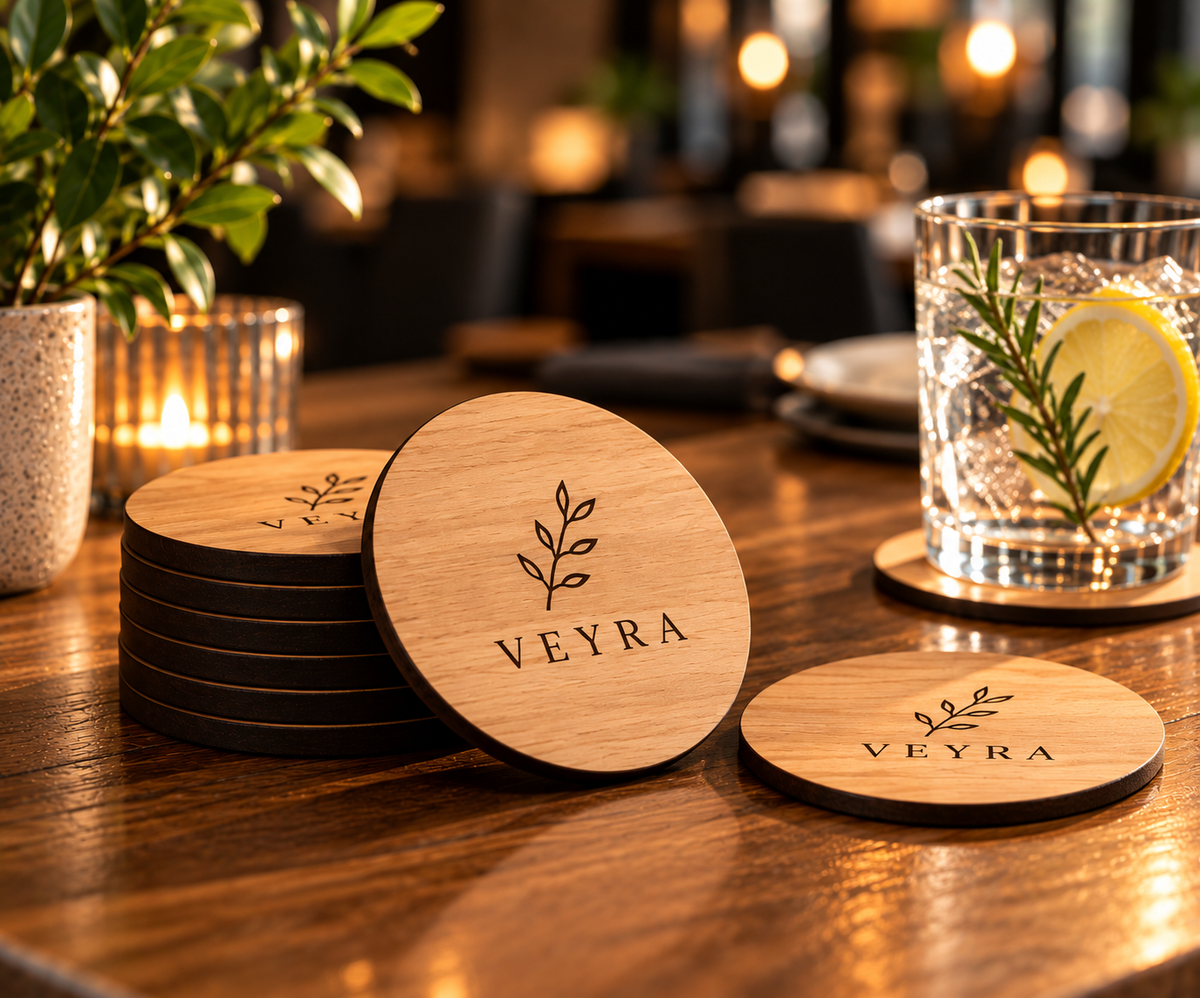 Coasters med logo, 6 stk., fra Veyra