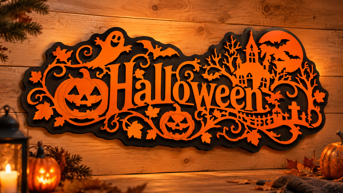 Halloween-skilt i svart og oransje med gresskar, spøkelser og slott