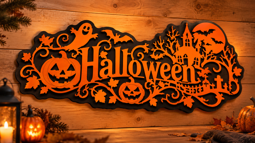 Halloween-skilt i svart og oransje med gresskar, spøkelser og slott